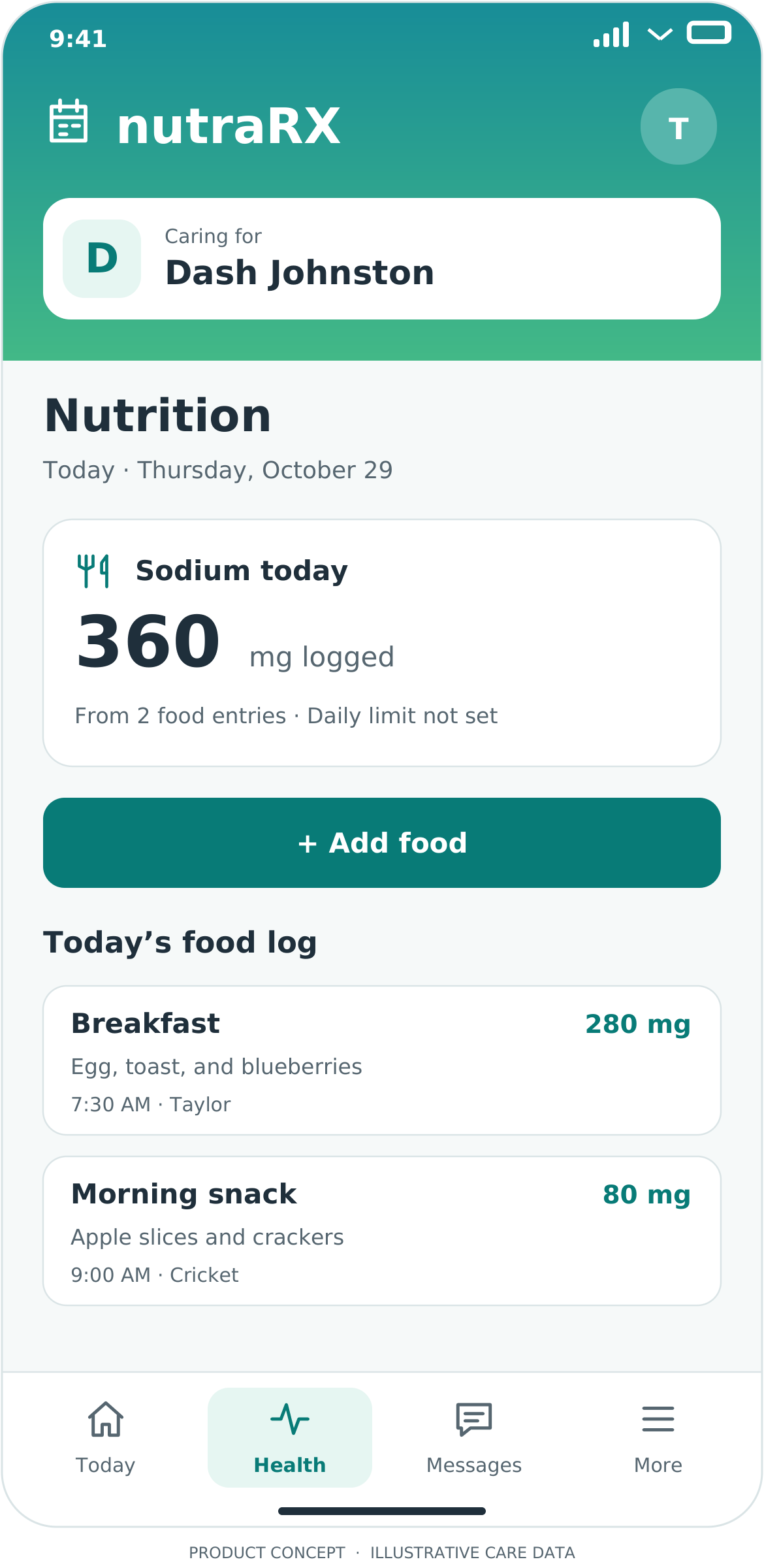Nutrition screen, illustrative NutraRX product mockup