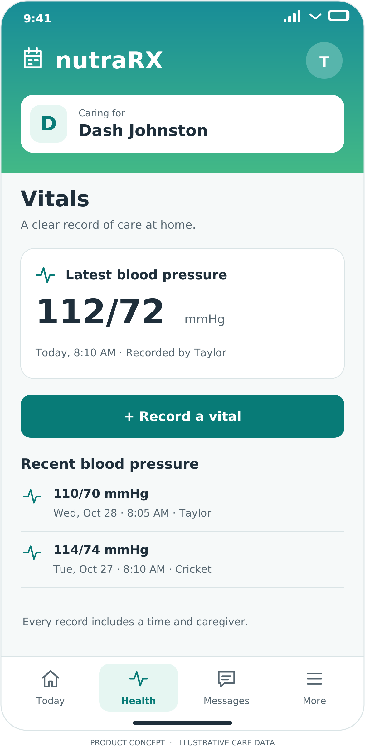 Vitals screen, illustrative NutraRX product mockup