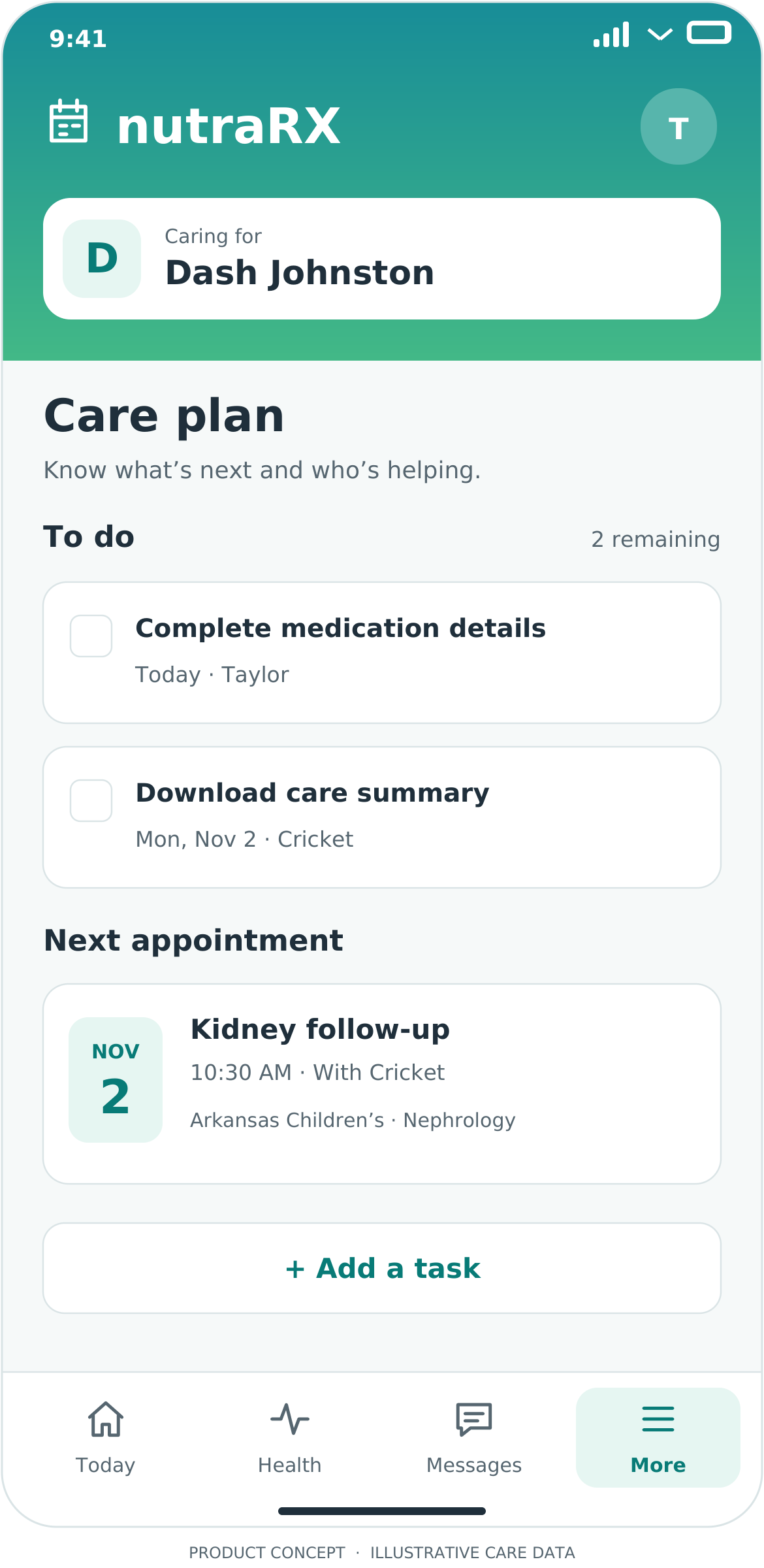 Care tasks screen, illustrative NutraRX product mockup
