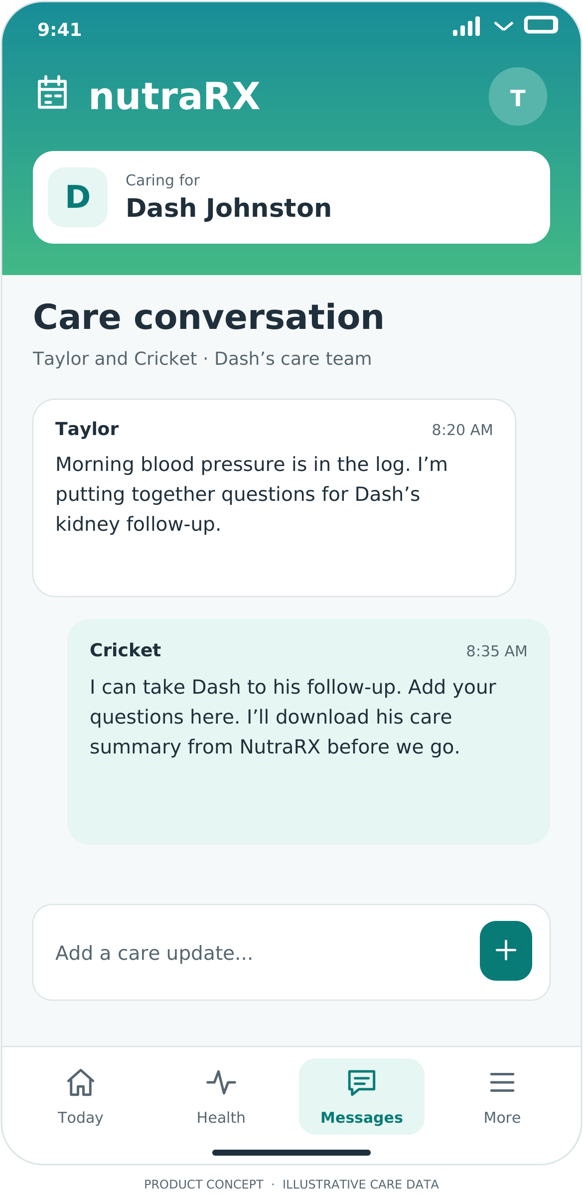 Caregiver updates screen, illustrative NutraRX product mockup