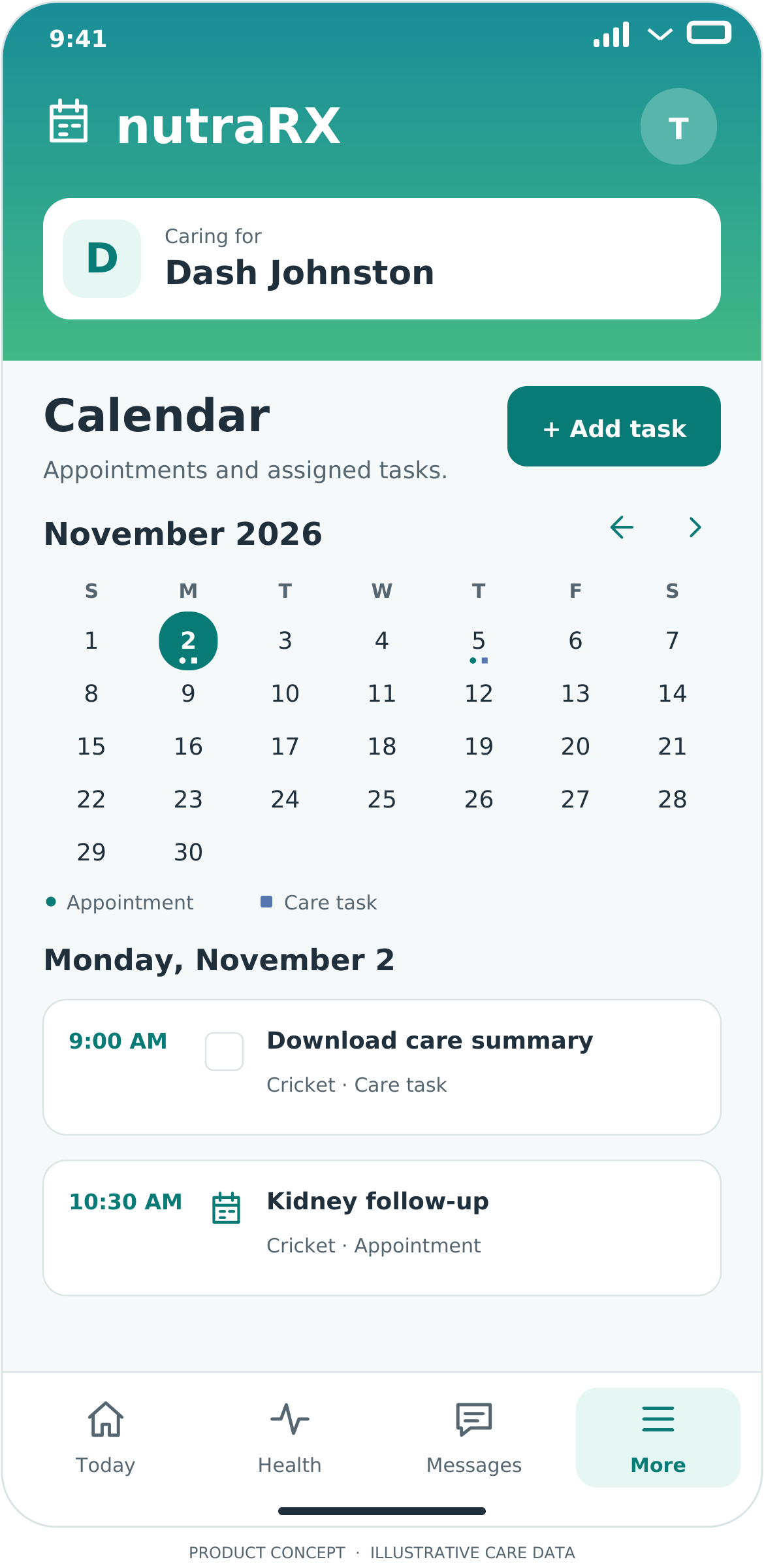 Calendar screen, illustrative NutraRX product mockup